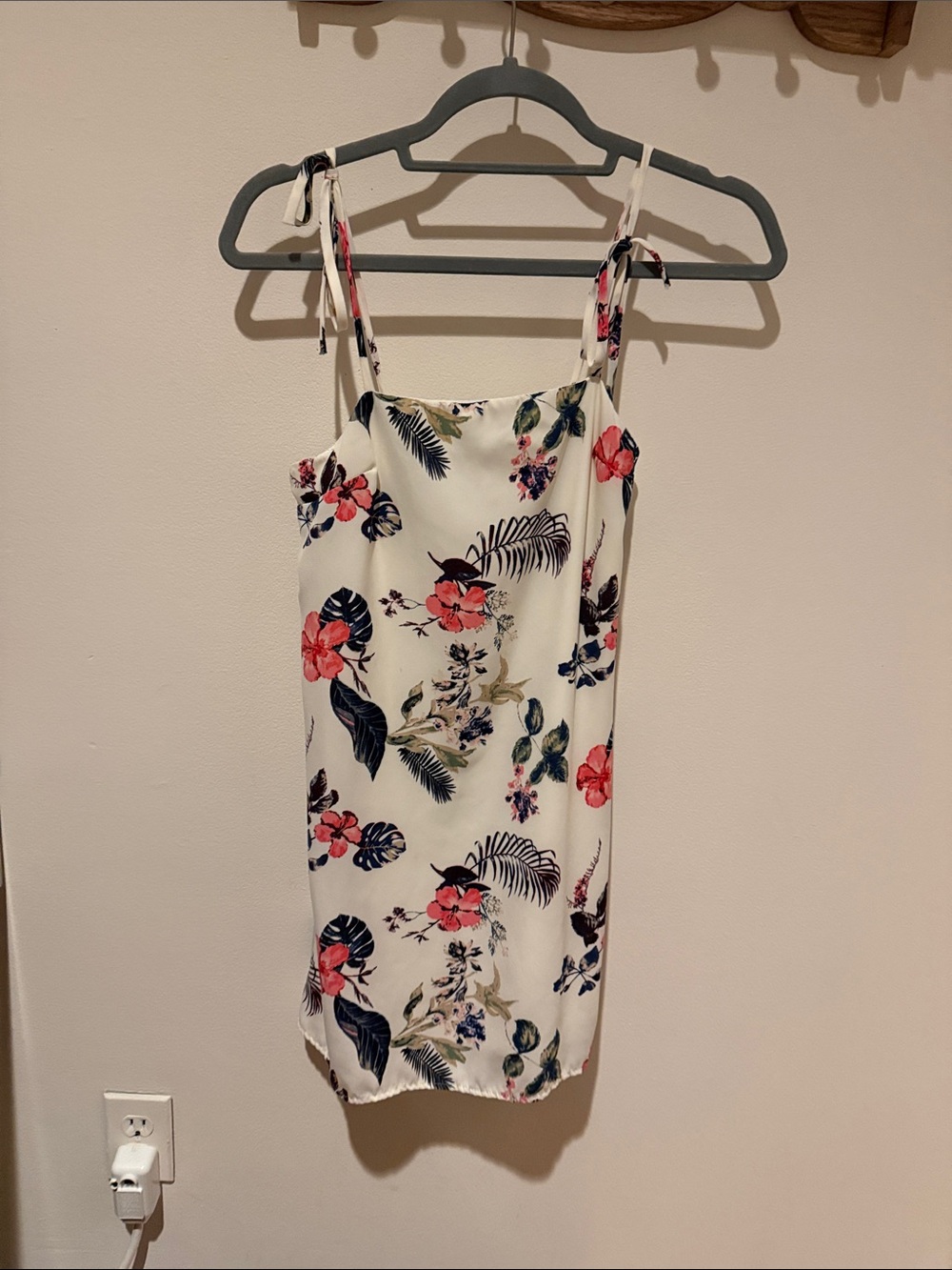 Floral Tie-Shoulder Cami Dress in White with Pink & Green Floral Print